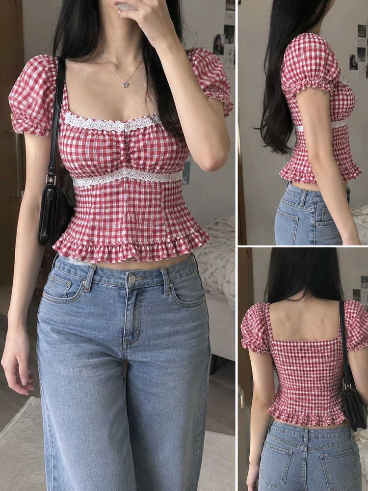 Gingham Puff Sleeve Square Neck Top