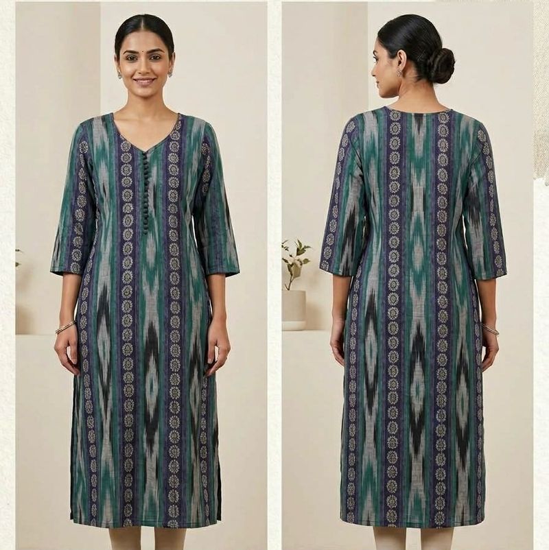 Green &amp; Blue Ikat Print Kurta