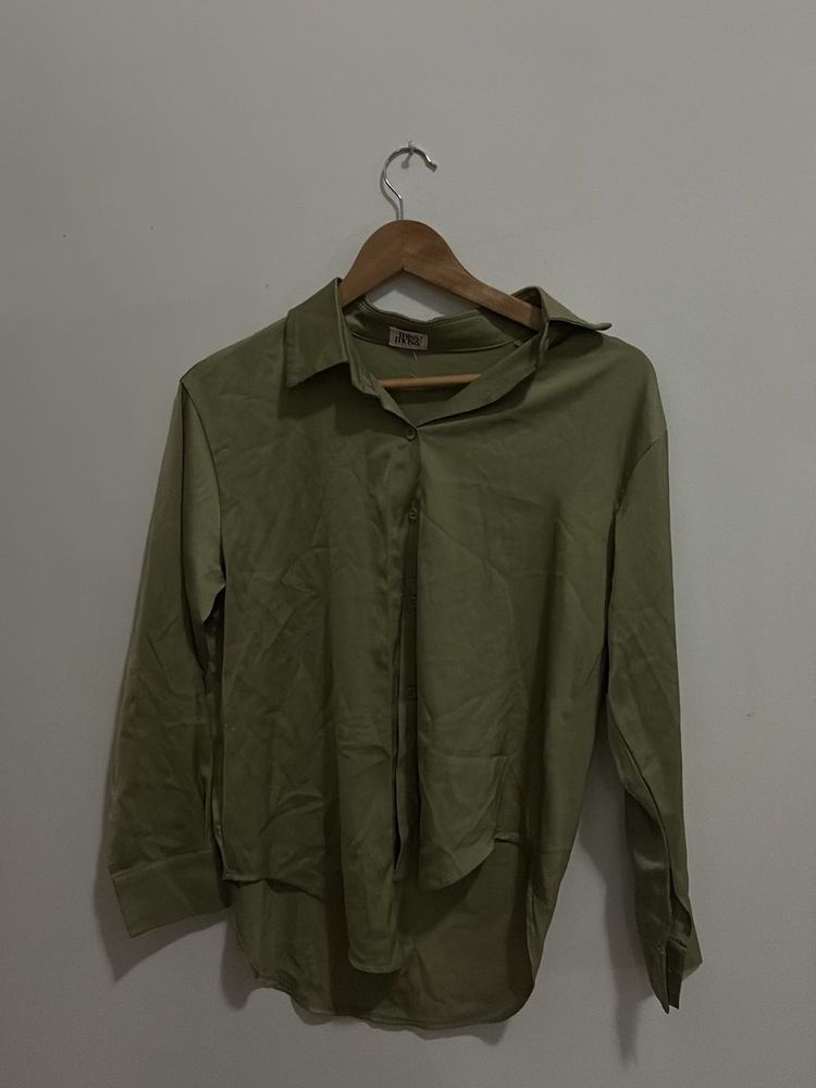 Olive Green Satin Button-Up Shirt