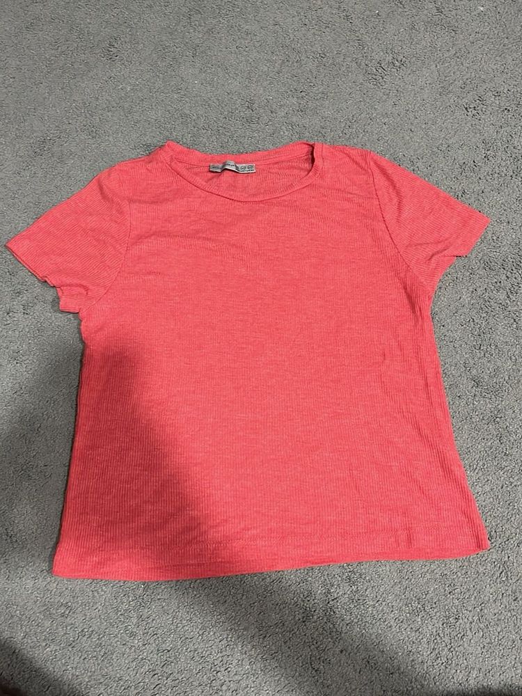 Coral Ribbed Knit T-Shirt