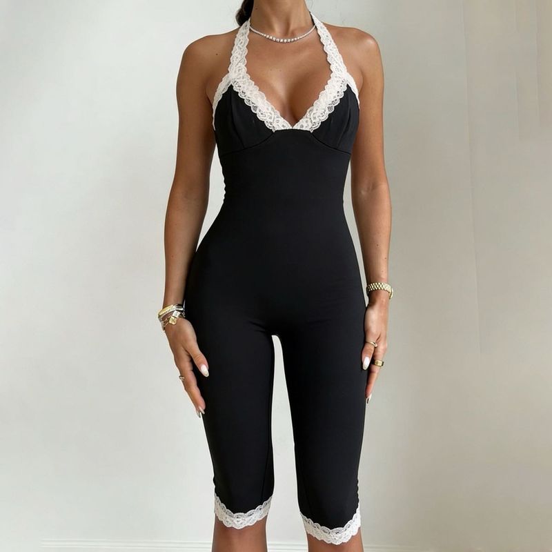 available 4 pieces Lace Trim Halter Jumpsuit
