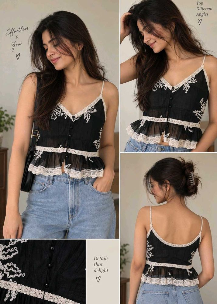 Chic Black Lace Trim Camisole Top