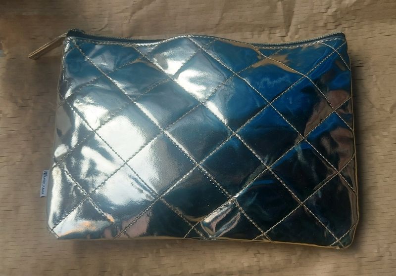 Shiny Silver Quilted Pouch