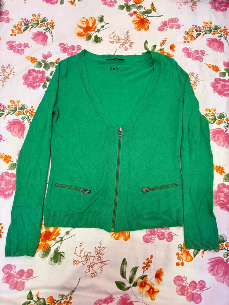 Green Zip-Up Knit Cardigan