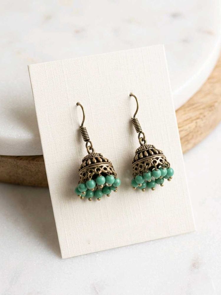 Elegant Jhumka Earrings with Green Beads