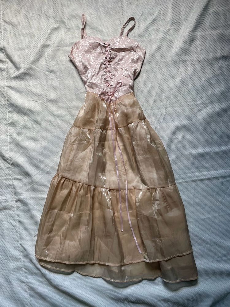 Corset Pink Tiered Midi Dress