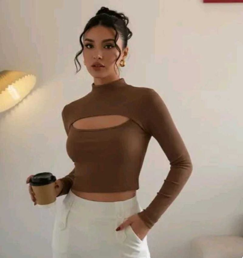 maroon Cut-out Mock Neck Long Sleeve Top