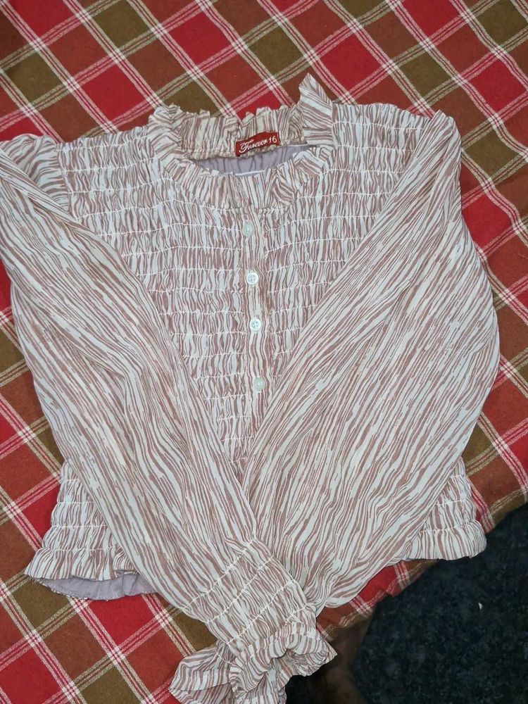 Smocked Print Long Sleeve Top