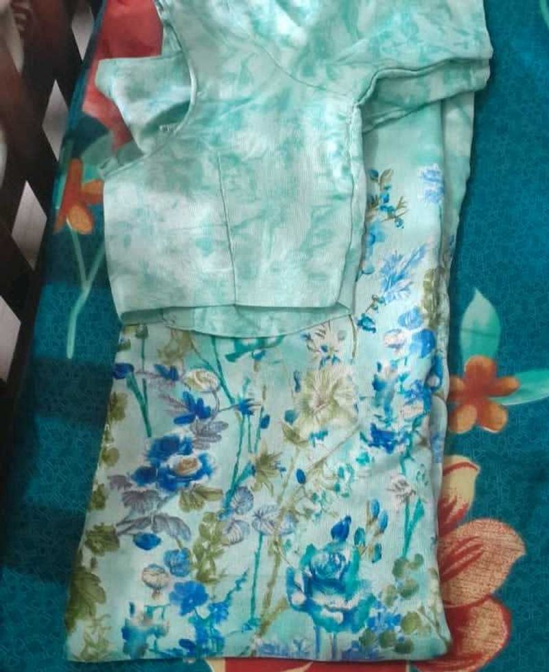 Beautiful Blue Floral Saree with Free Size Blouse