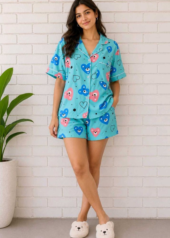 Cute Blue Bear &amp; Heart Pajama Set