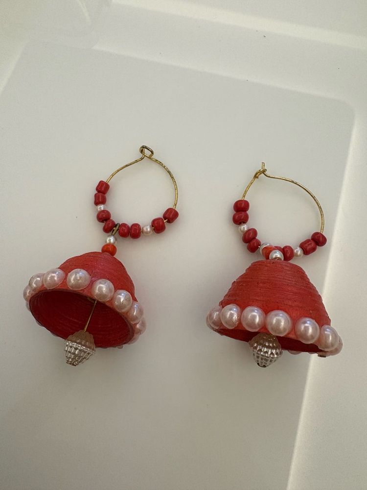 Red Jhumka Earrings with Pearls