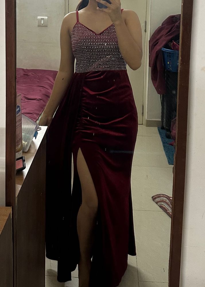 Stunning Burgundy Velvet Slit Gown