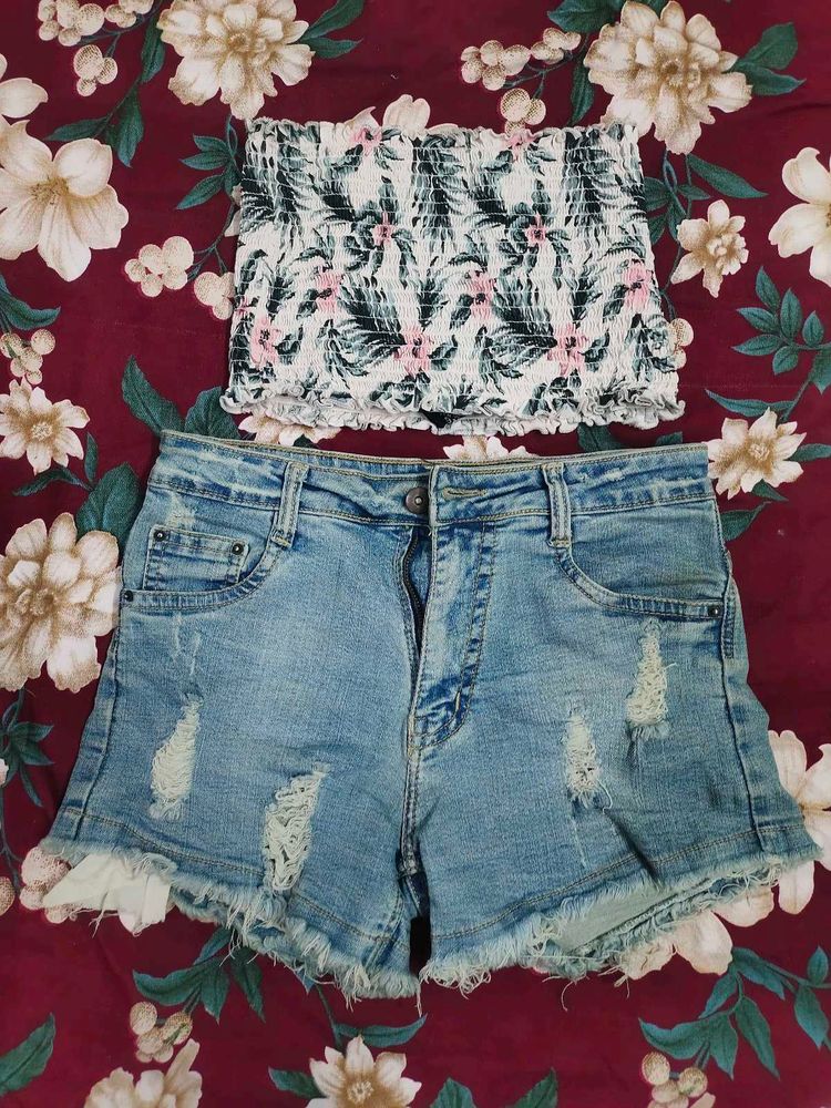 Floral Smocked Tube Top &amp; Distressed Denim Shorts