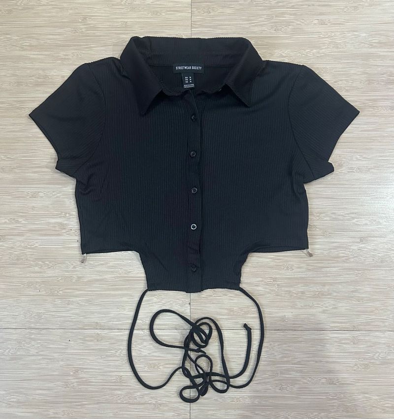 New Black Ribbed Cut-Out Crop Top