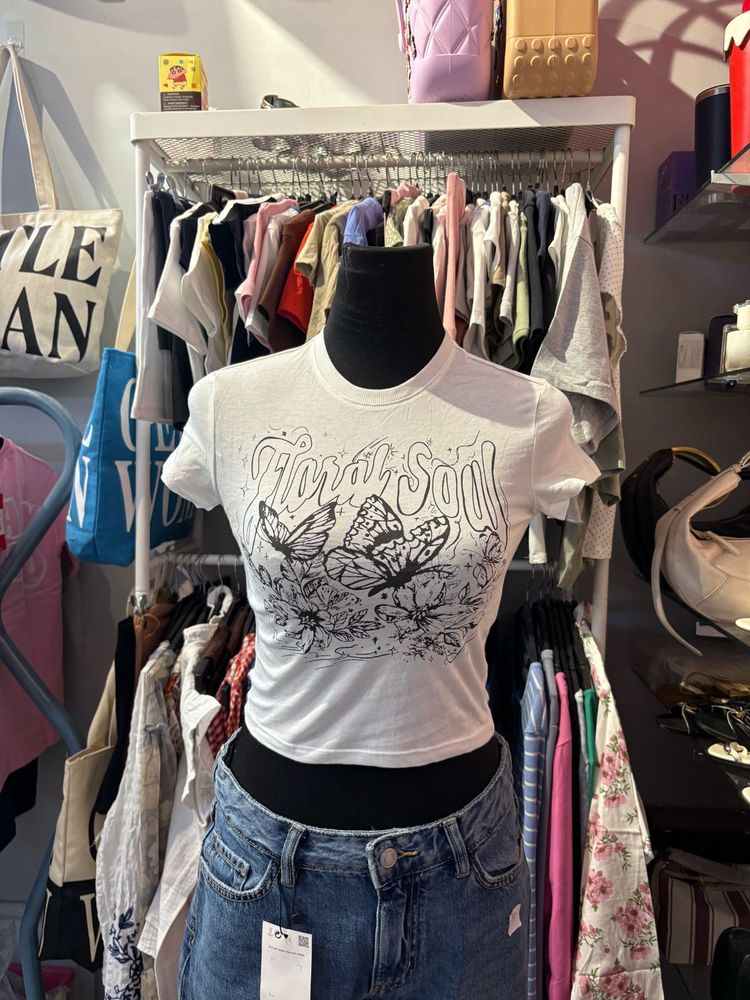 White Butterfly Graphic Crop Top