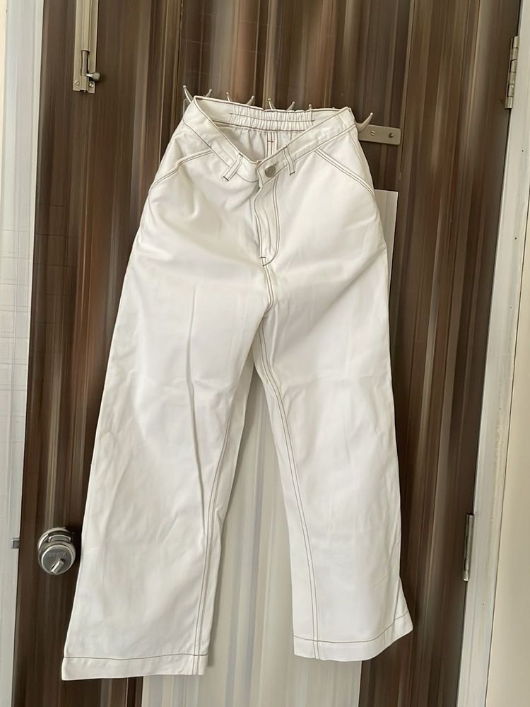 White Wide-Leg Pants with Contrast Stitching