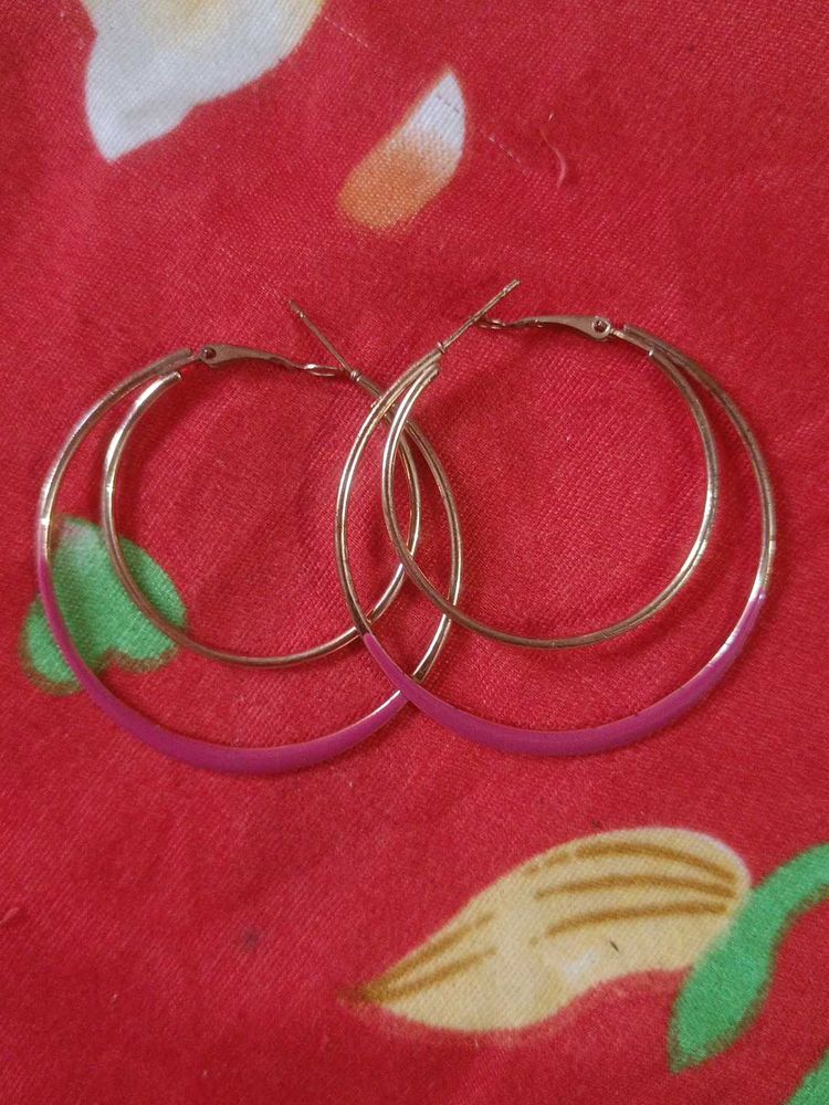 Gold Hoop Earrings with Pink Accent
