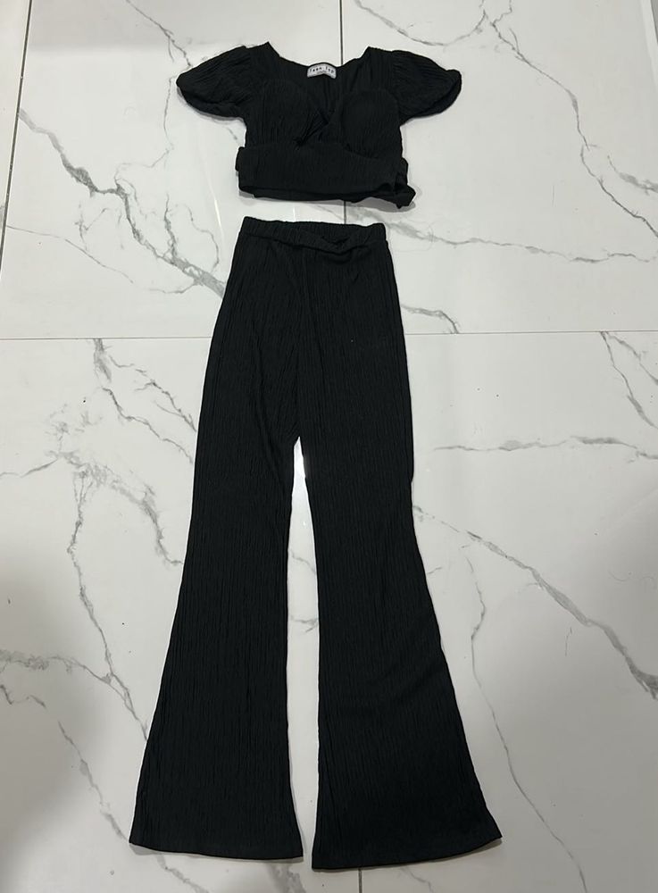 Black Ribbed Crop Top &amp; Flare Pants Set