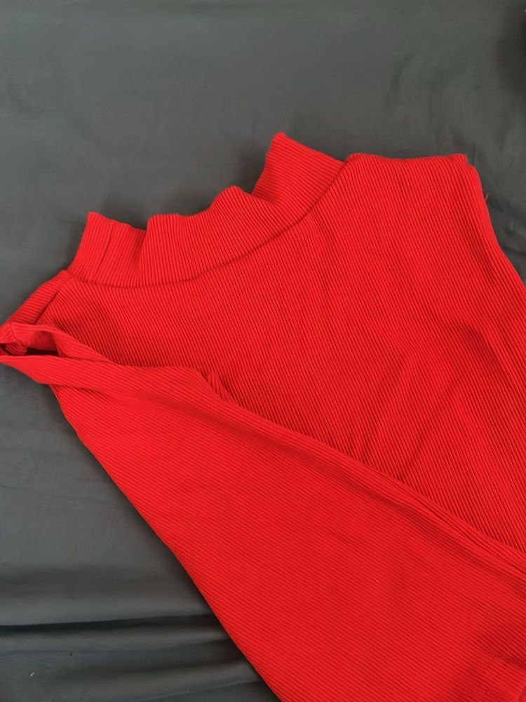 Red Ribbed Mock Neck Top