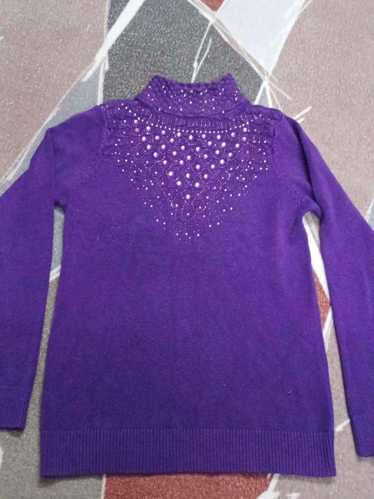 Purple Embellished Turtleneck Sweater