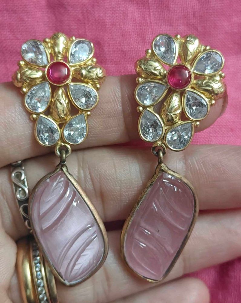 kundan earrings with rose quartz dangler