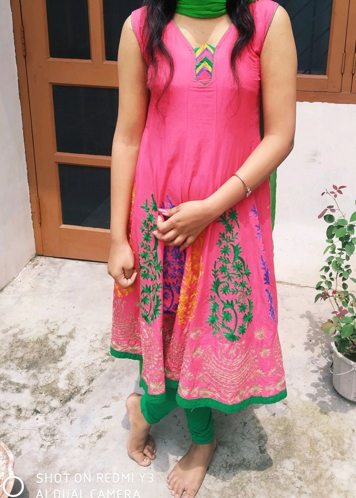 Pink Frock Style Kurta With Embroidery