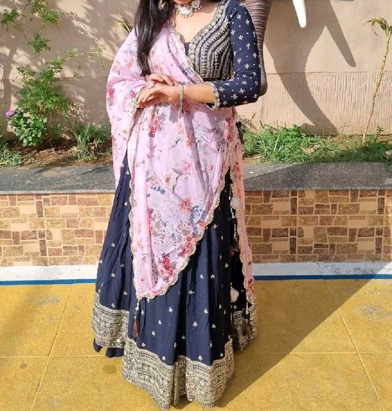 Handwork Navy Blue Lehenga Choli with Pink Dupatta