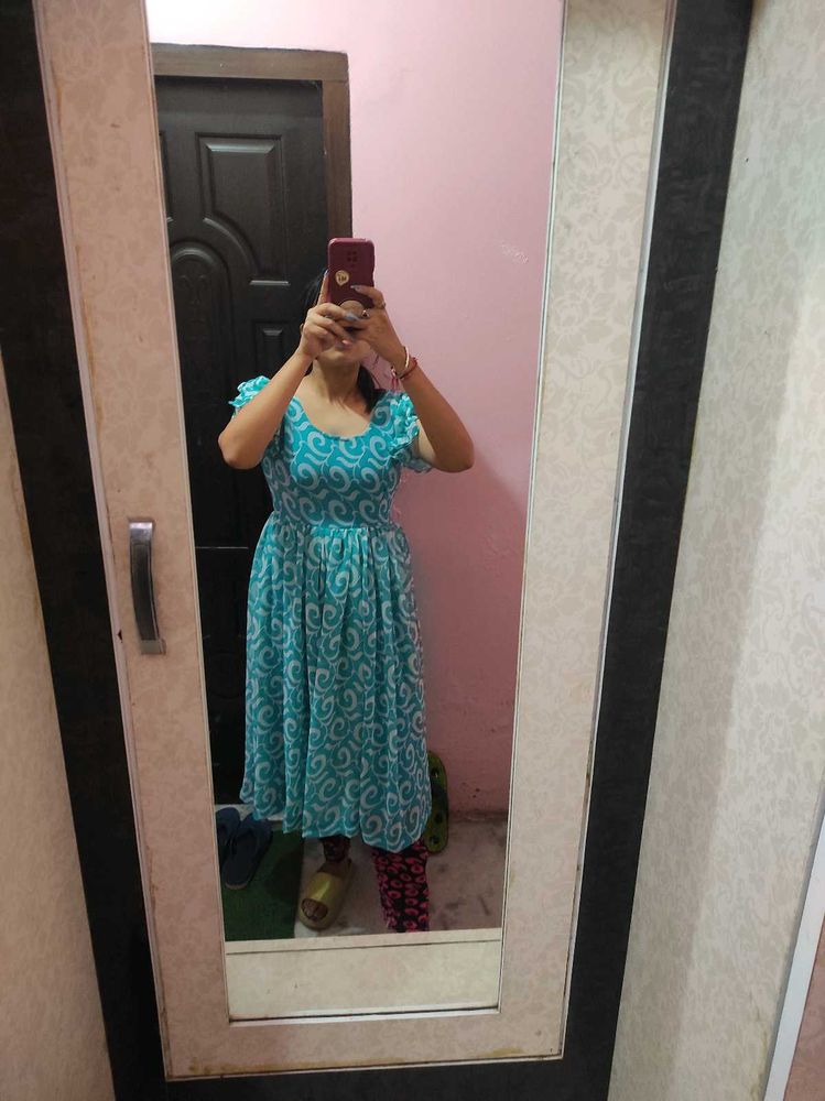 Chic Teal Swirl Print Midi Dress