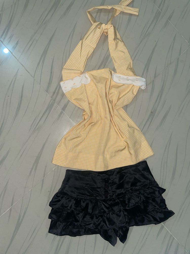Yellow Gingham Halter Top with Black Ruffle Skirt
