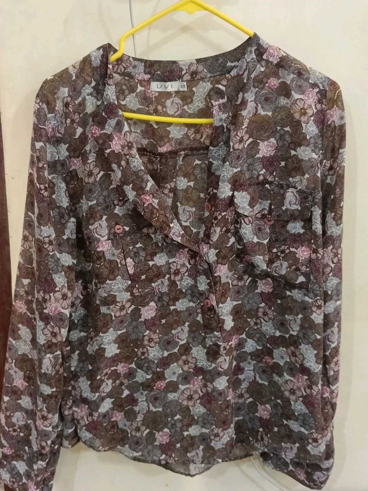 Sheer Floral Print Long Sleeve Top