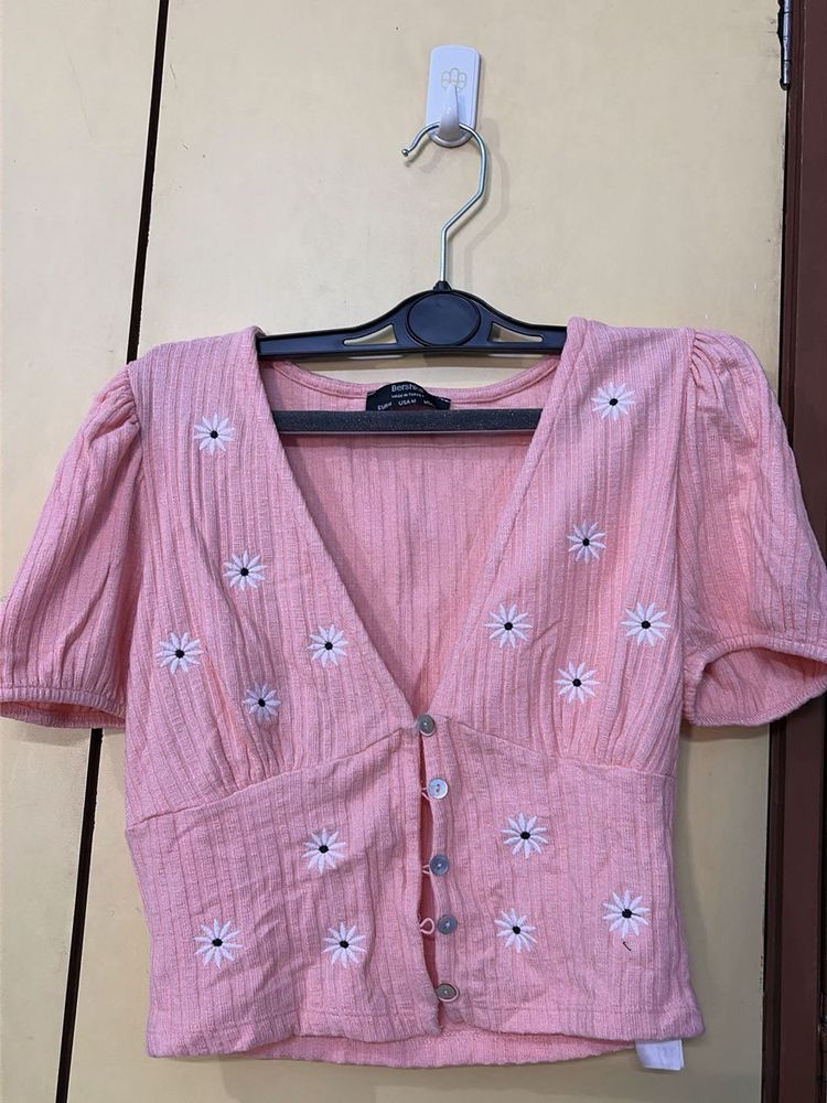 Pink Daisy Embroidered Button-Up Top
