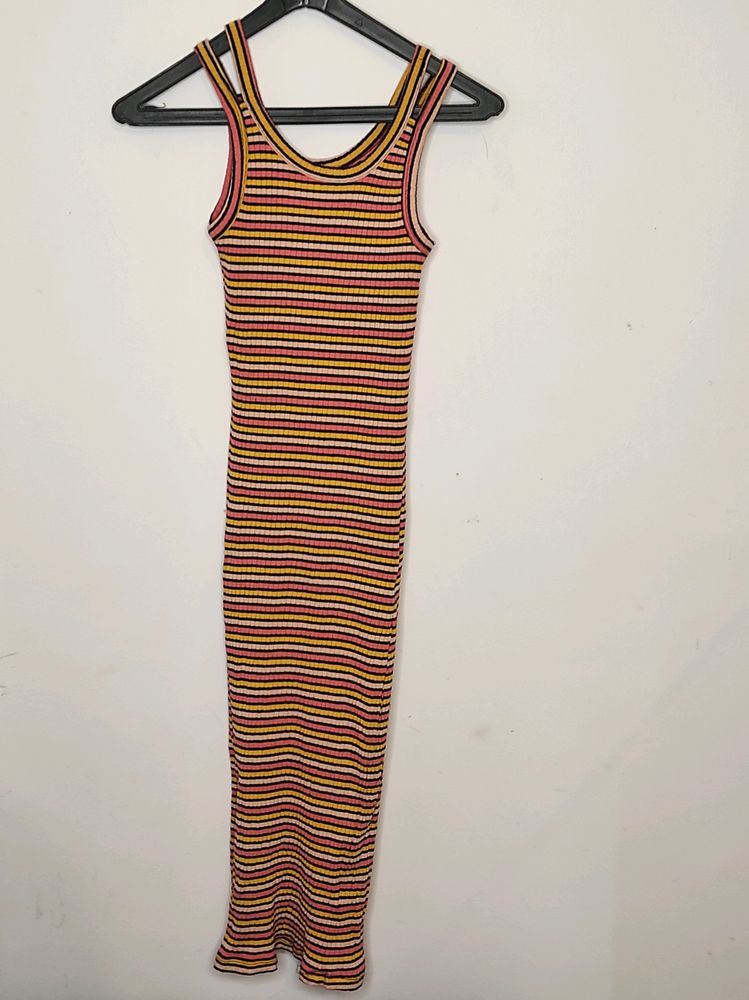 Fitted Pink, Yellow And Black Maxi Dress, UK 12