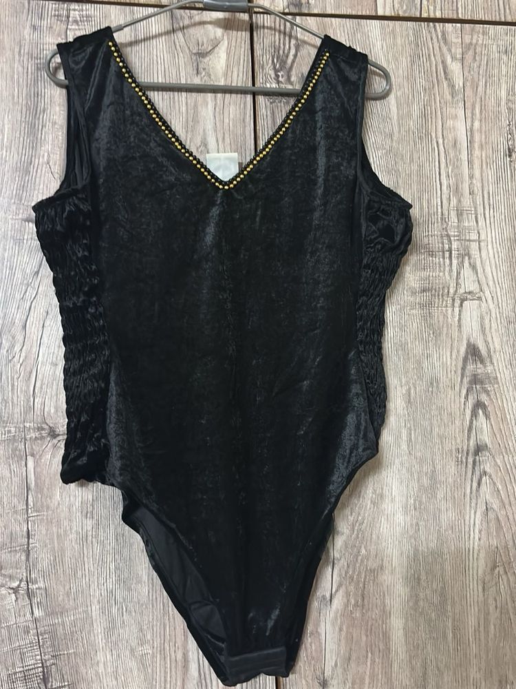 Black Velvet Bodysuit with Embellished Neckline