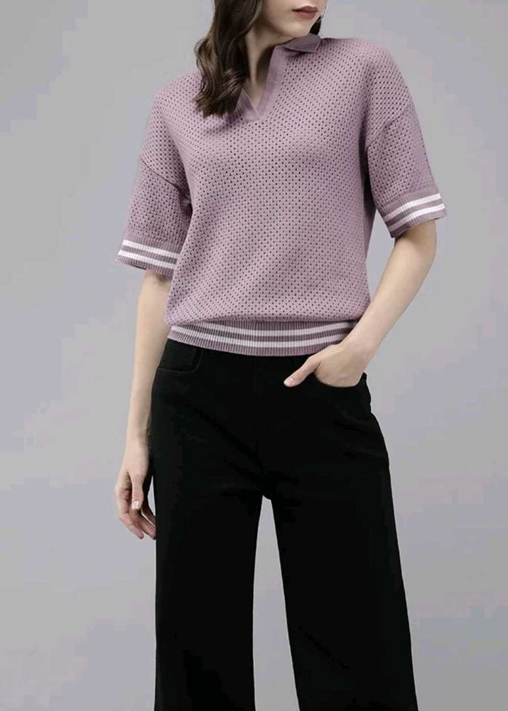 Lilac Ribbed Knit &amp; Mesh Top Set