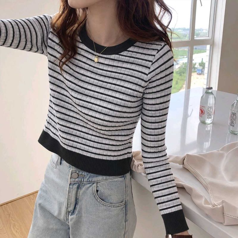 Striped Long Sleeve Cropped Sweater