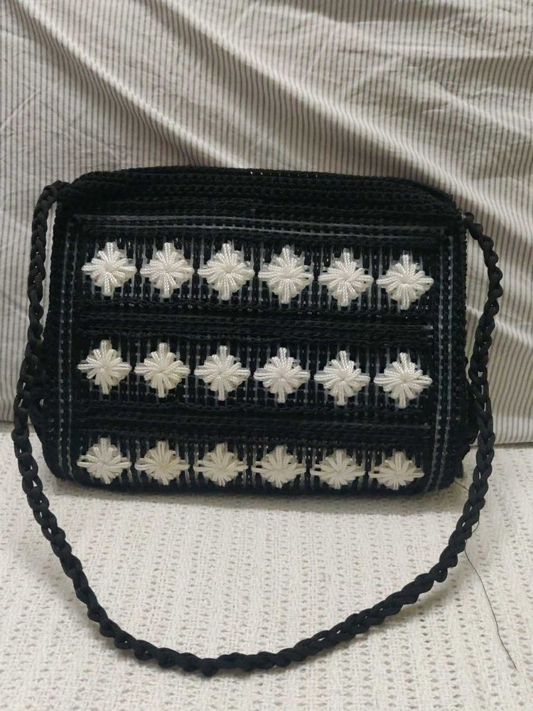 Black &amp; White Embroidered Crossbody Bag