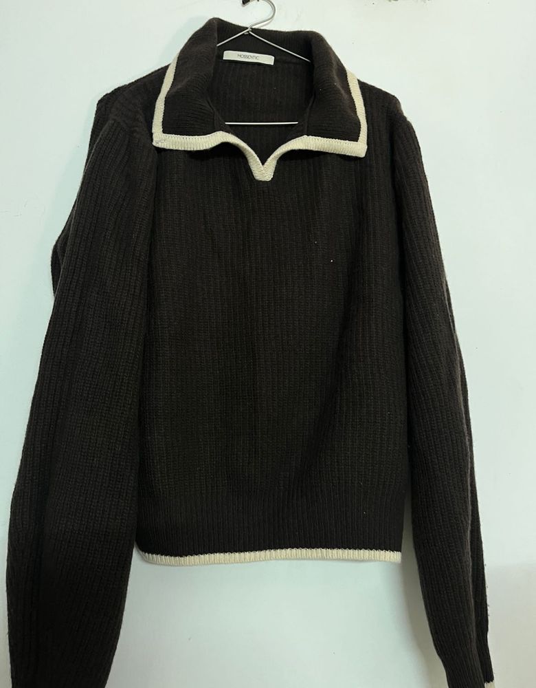 Brown Ribbed Knit Polo Sweater