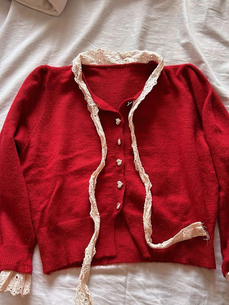 Red Cardigan with Lace Detail