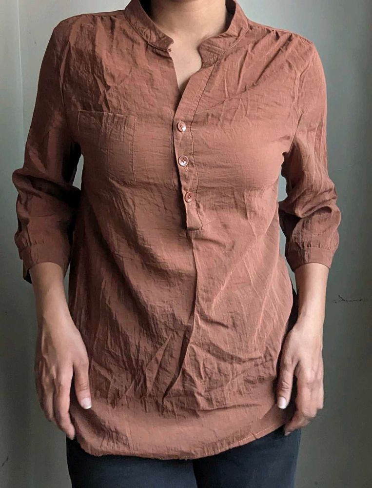 Brown Button-Down Tunic Top