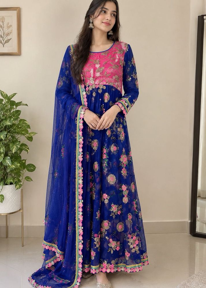 Elegant Blue &amp; Pink Anarkali Suit