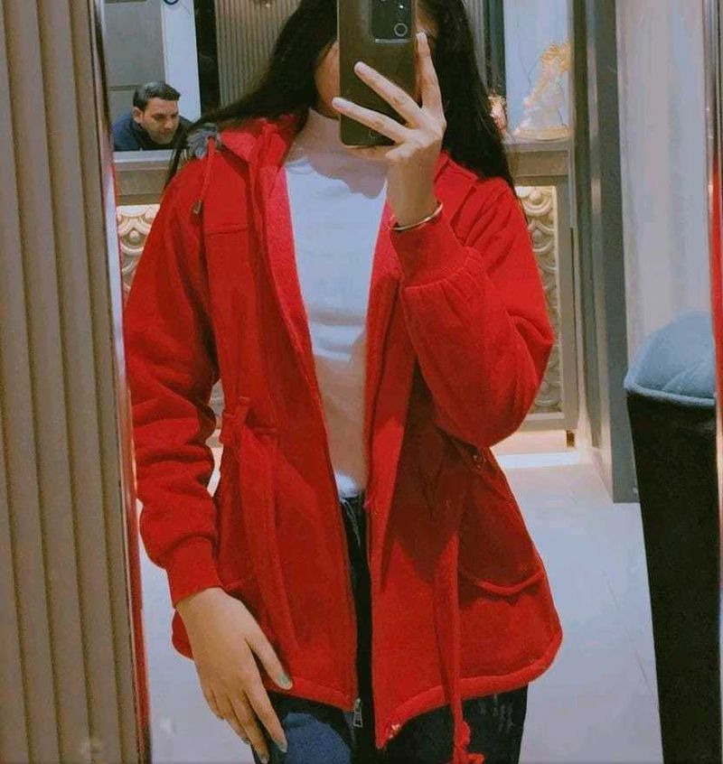 A Red Blazer With 3 Pockets &amp; belt On Waist