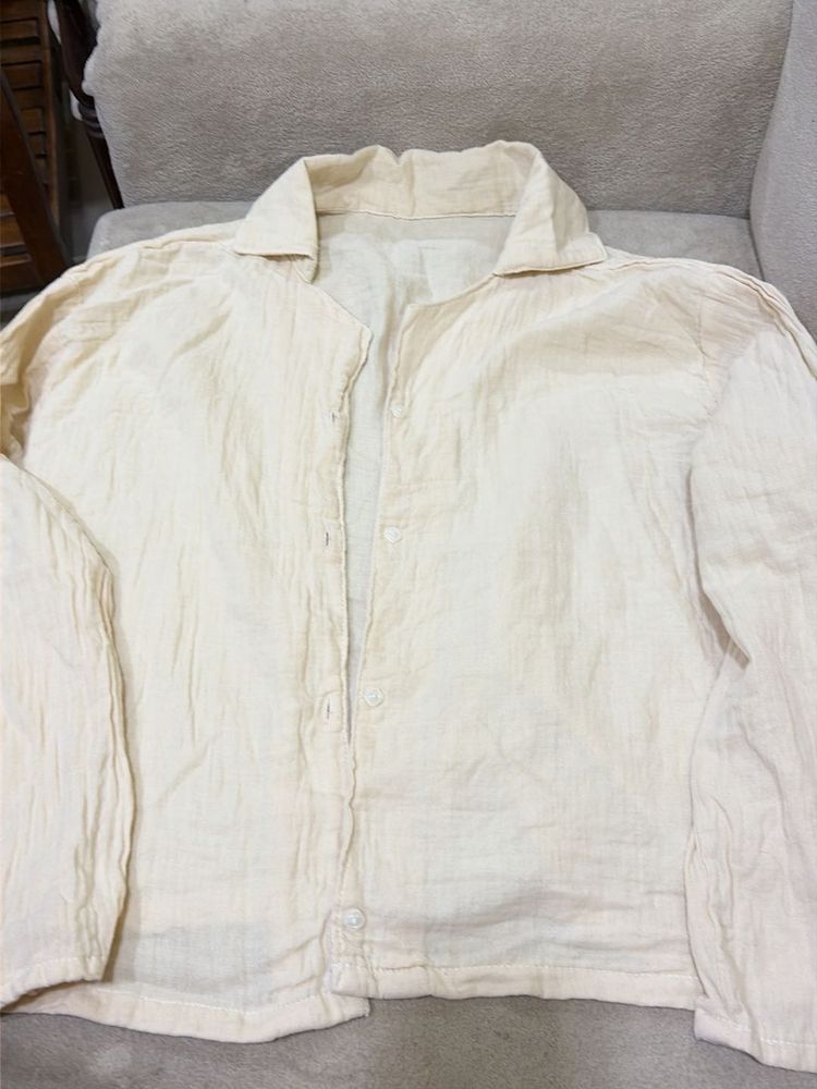 Cream Linen Blend Button-Up Shirt