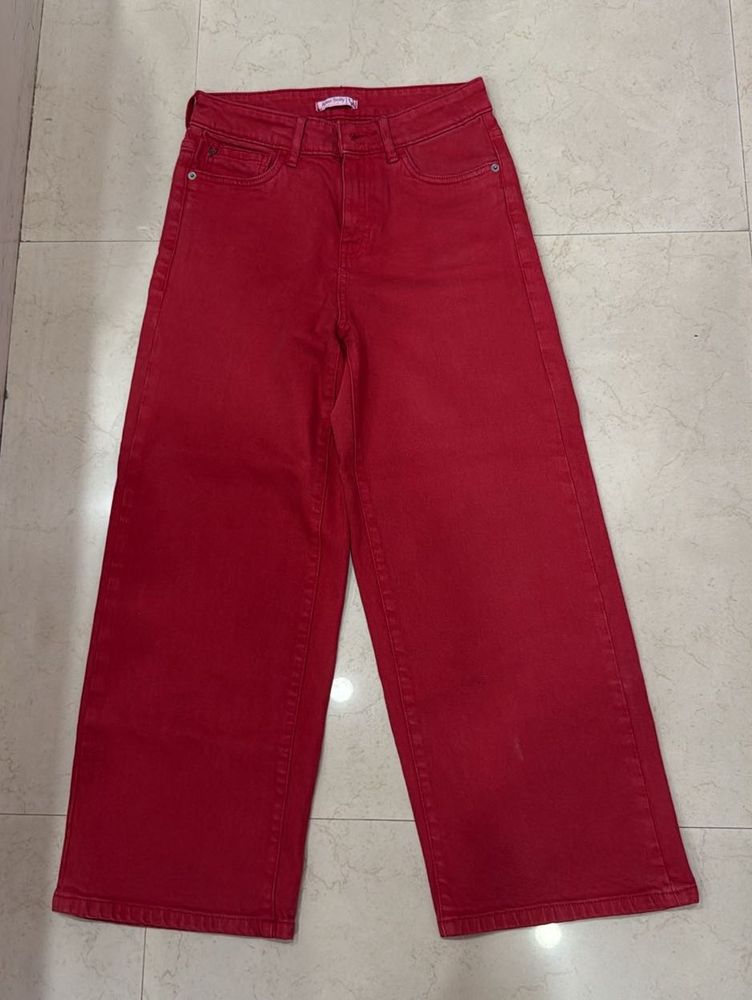 Vibrant Red Wide Leg Jeans