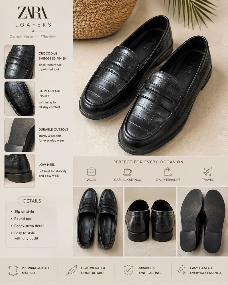 ZARA  100% leatherBlack Embossed Loafers