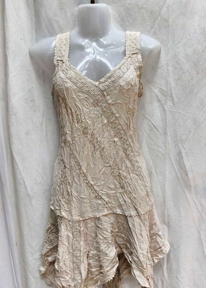 Bohemian Lace Trimmed Beige Maxi Dress