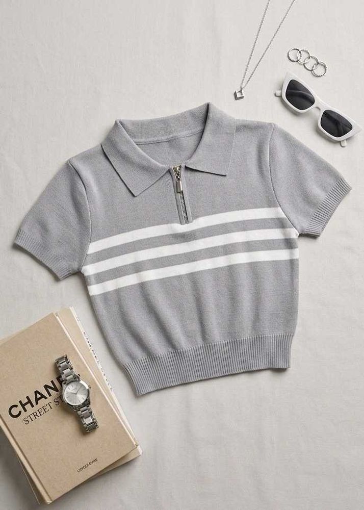 Gray Striped Zip-Up Polo Top