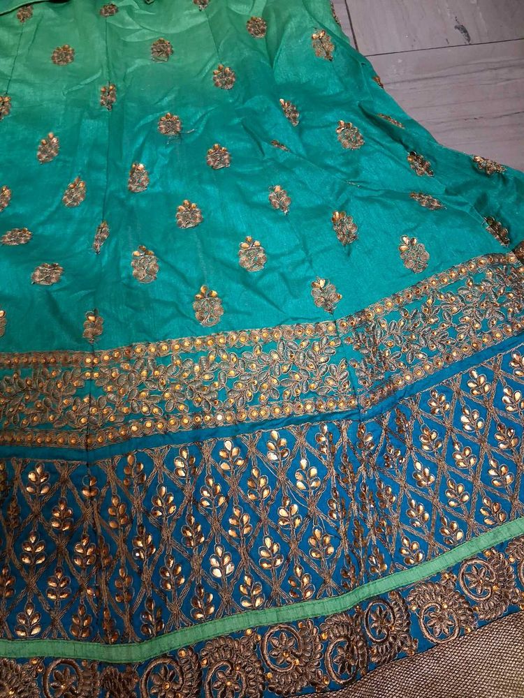 Teal &amp; Gold Embroidered Lehenga