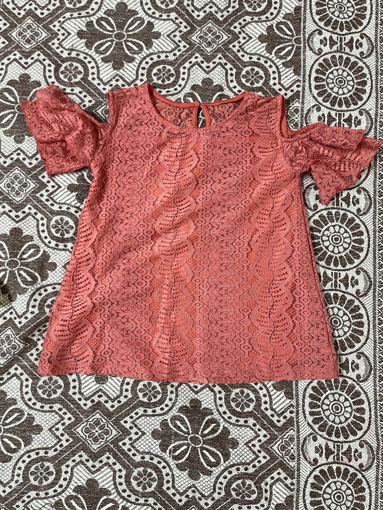 Coral Lace Cold Shoulder Top