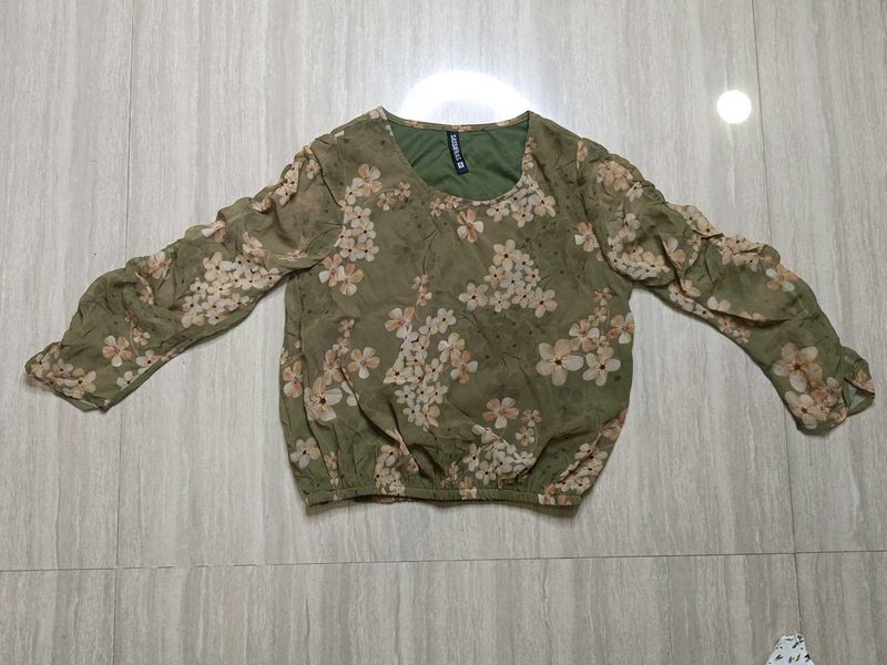 Sheer Floral Print Long Sleeve Top
