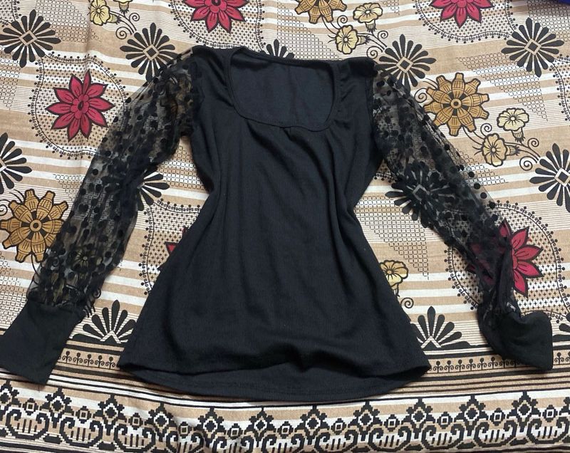 Elegant Black Top with Lace Sleeves